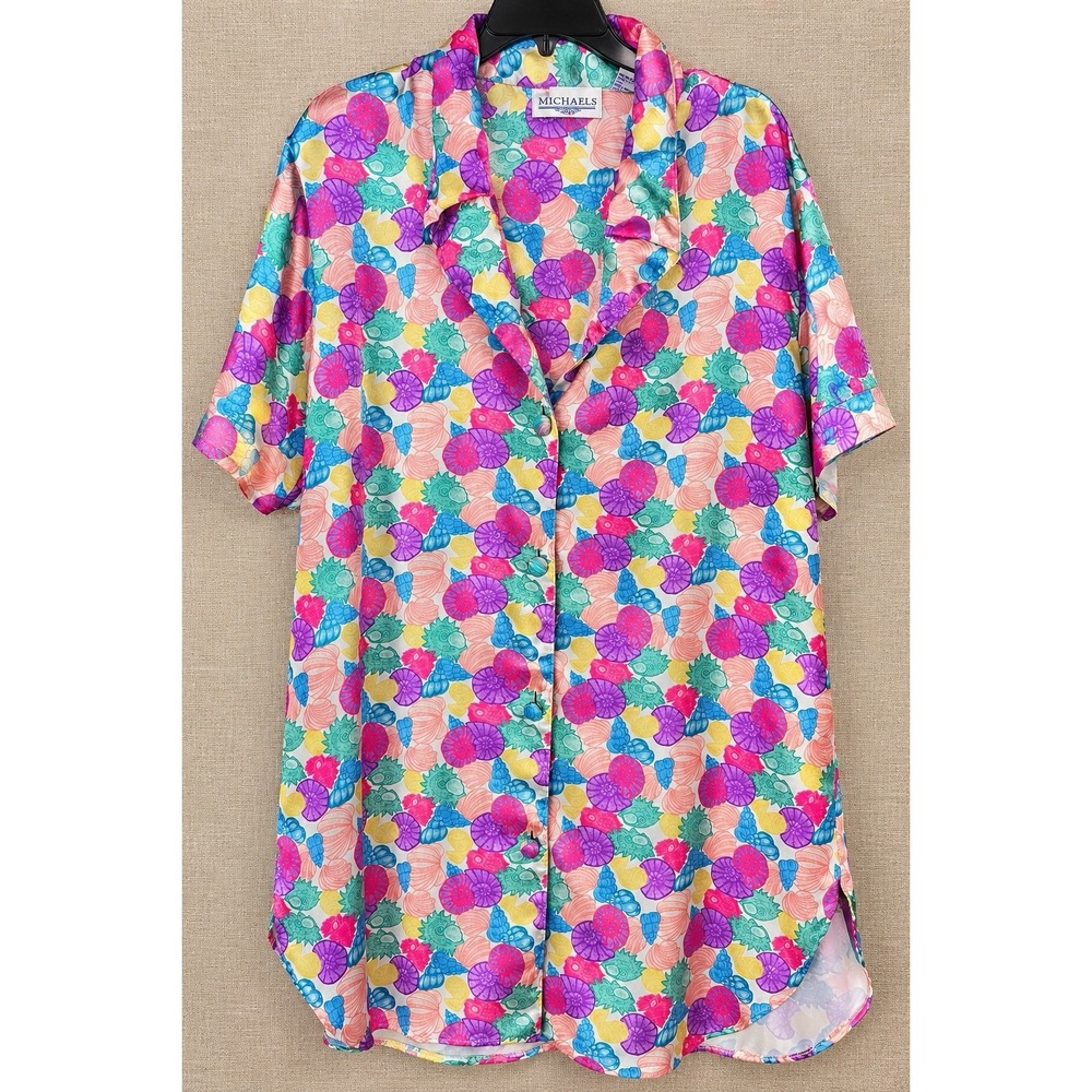Vintage Beth Michaels Womens L Satin Sleep Shirt Nightgown Seashell Print